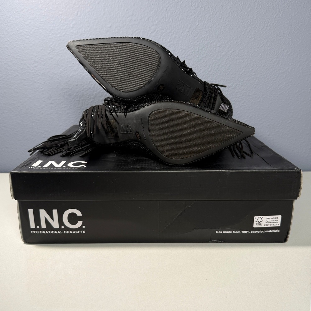 INC Black Rhinestone Fringe‎ Ankle Boots 4" Heel Stiletto 8.5M - Picture 6 of 9
